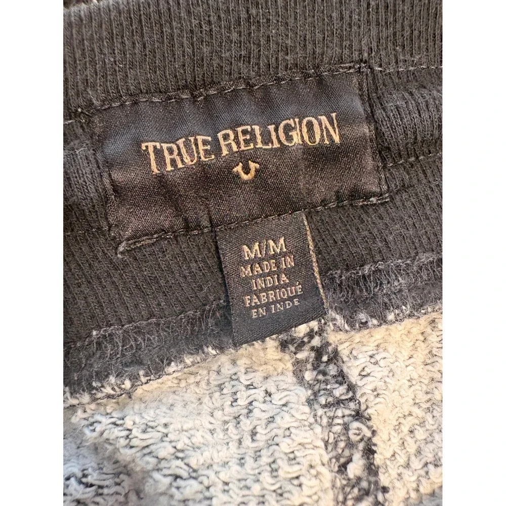 True Religion Mens Cut-Off Sweat Shorts Black White Knit Horseshoe Logo Medium
